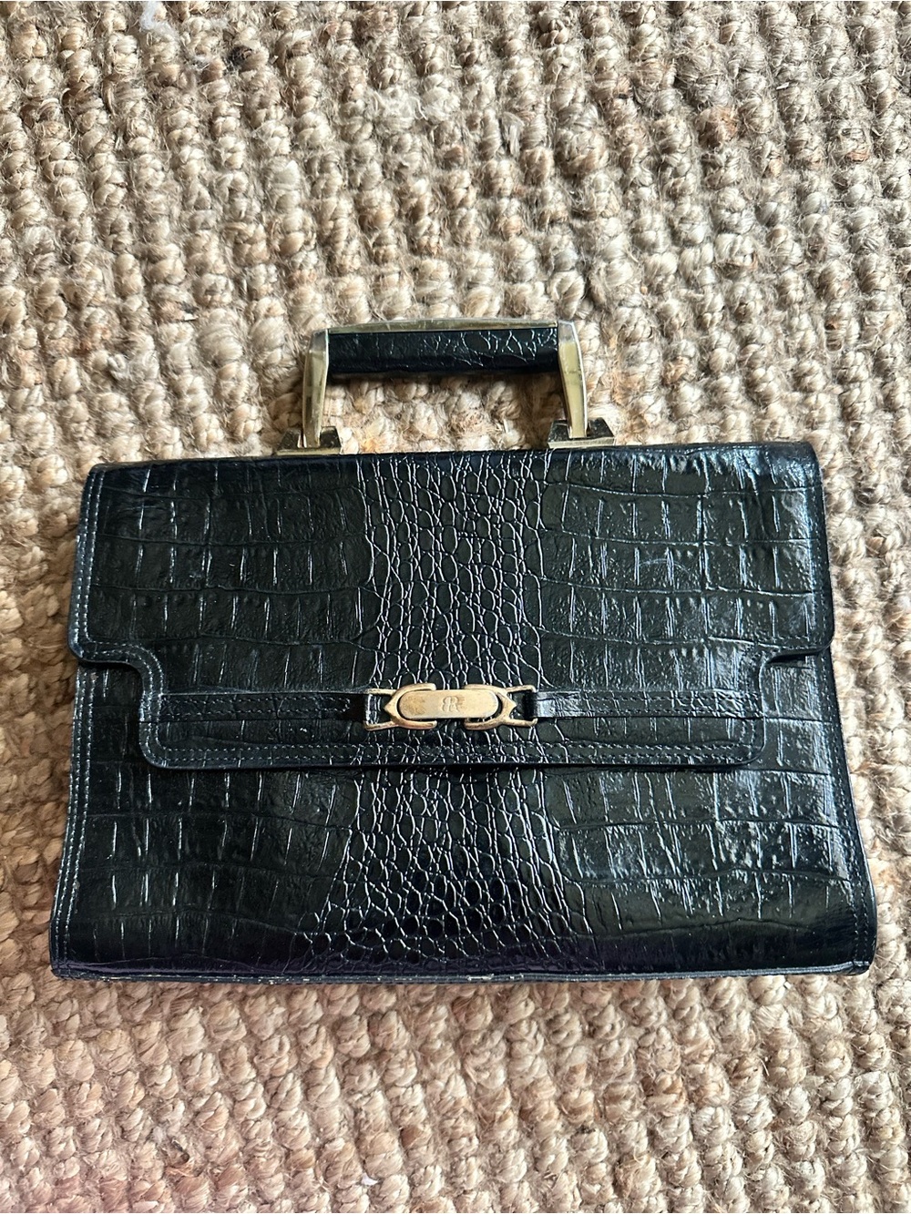 Vintage 70s Black Croc Embossed Top Handle Clutch – Structured Frame Handbag